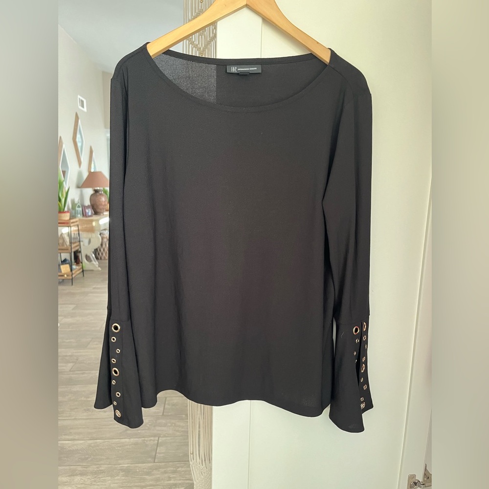 INC International Concepts Black Bell Sleeve Scoop Neck Blouse